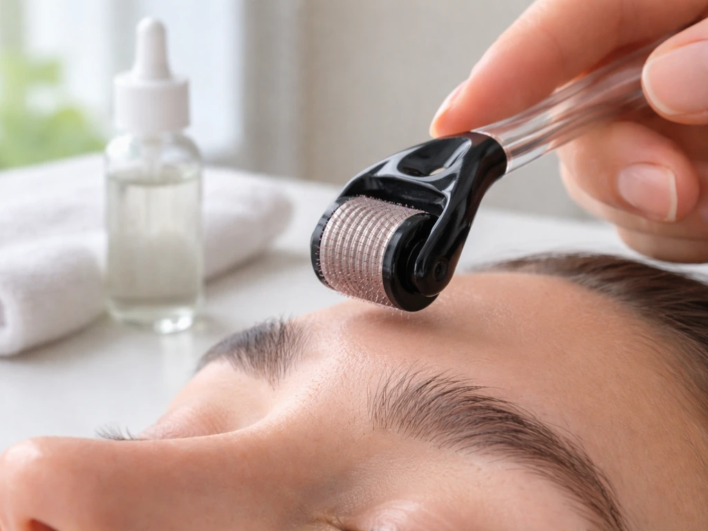 Close-up of brow-area microneedling with a dermaroller beside sterile supplies in natural light.