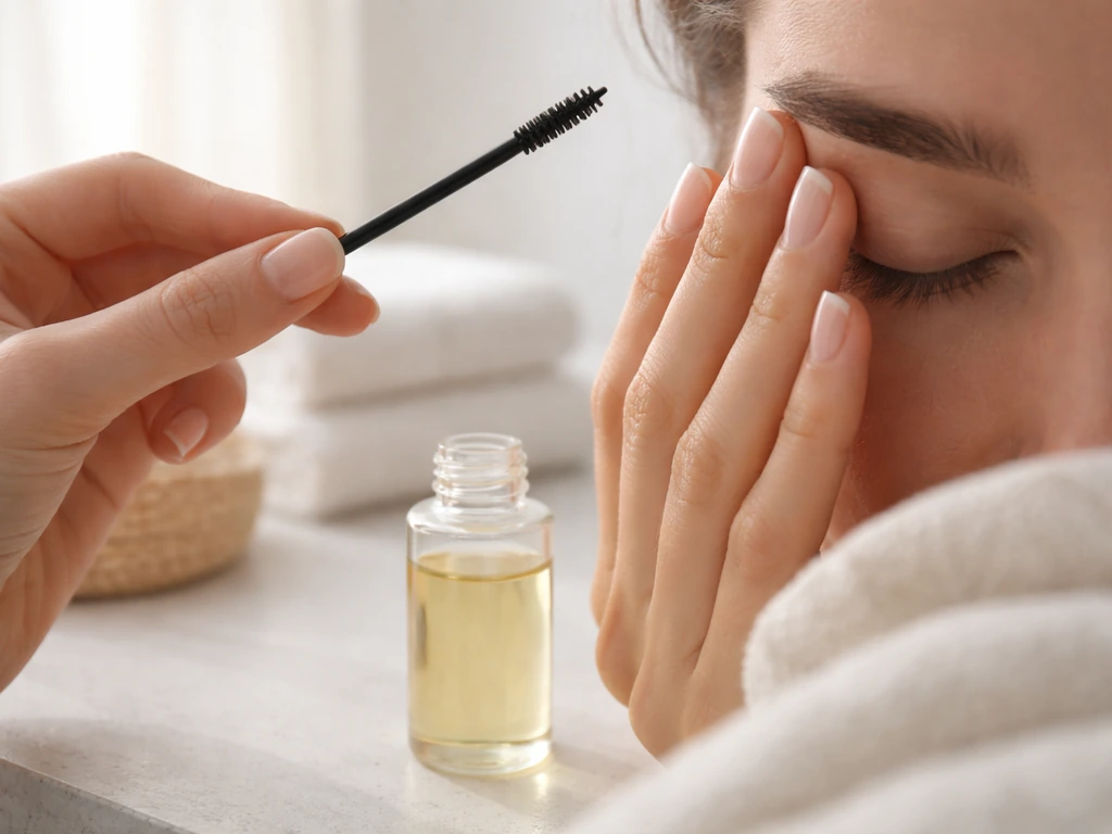Hands holding a clean spoolie brush and applying gentle oil while massaging eyebrow area