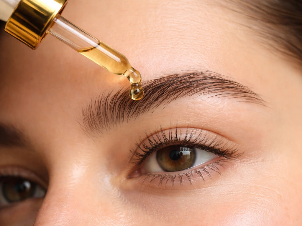 Dropper applying a tiny drop of minoxidil to the eyebrow near the eye, lashes kept untouched.