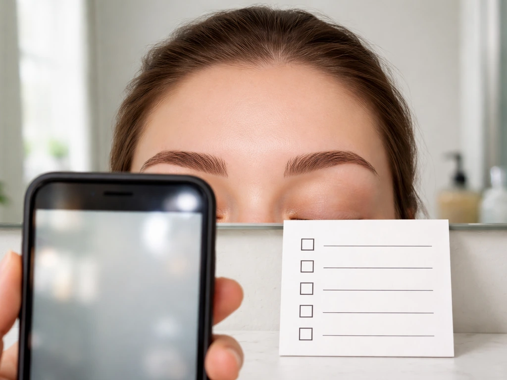 Close-up of brows while a phone camera is used for consistent progress tracking, with a blank checklist nearby.