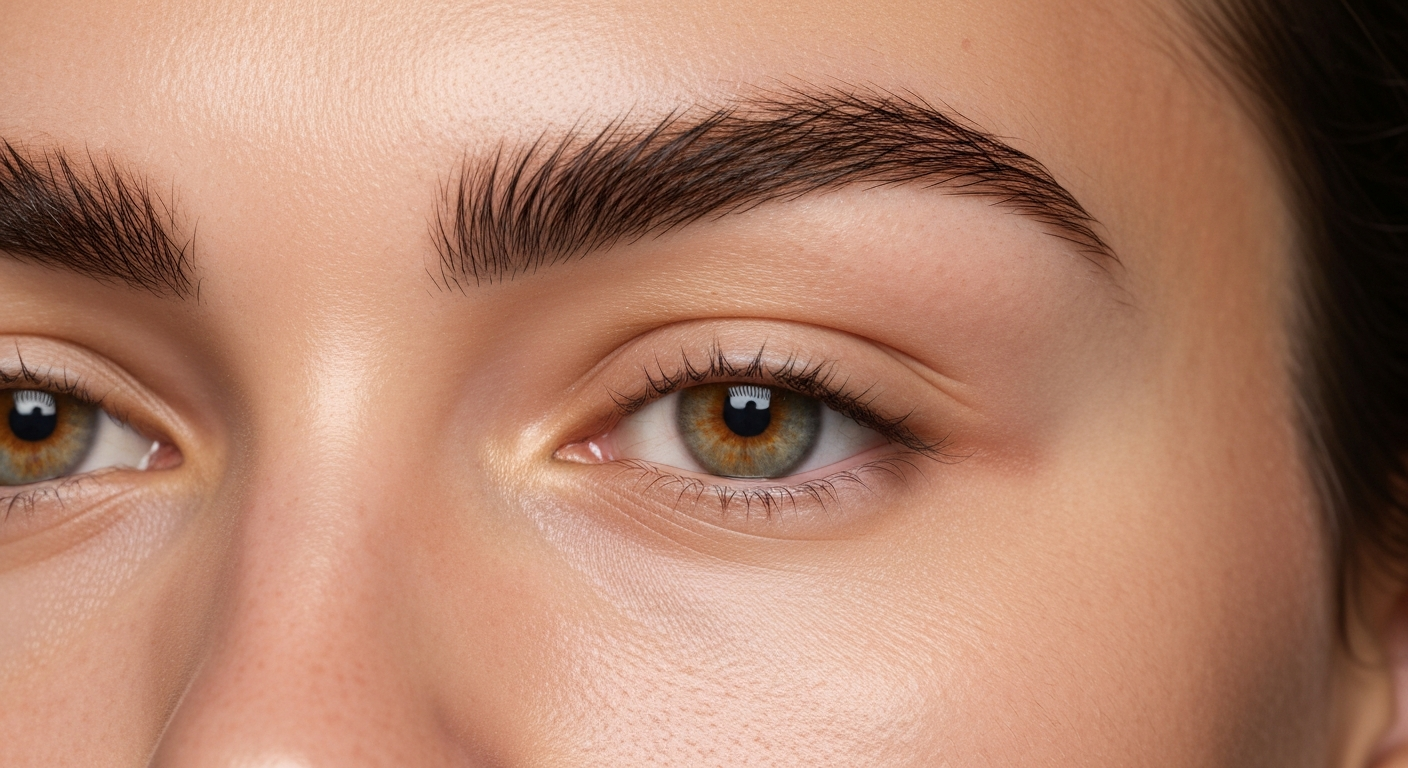 Close-up portrait showing natural eyebrow in mid grow-out with short regrowth hairs and longer hairs, neutral background.