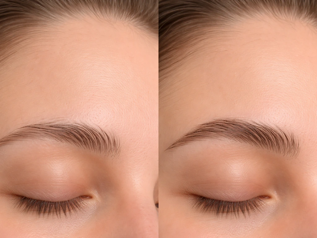 Close-up of two brows: one subtly thinner, one fuller regrowth, shown side-by-side under natural light.