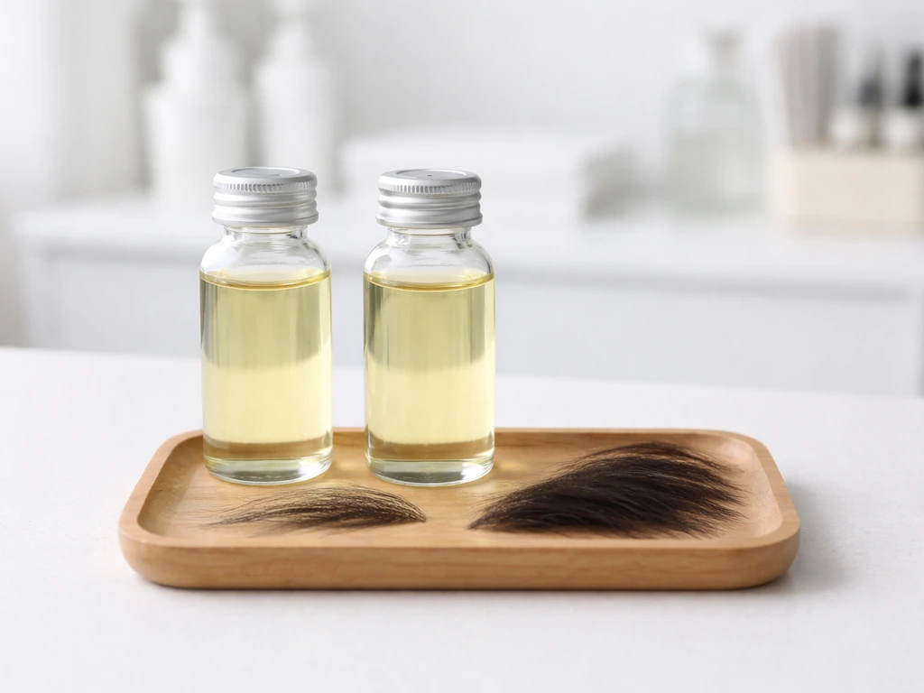Minimal clinician-style scene showing two unlabeled bottles and a subtle hair-growth contrast concept