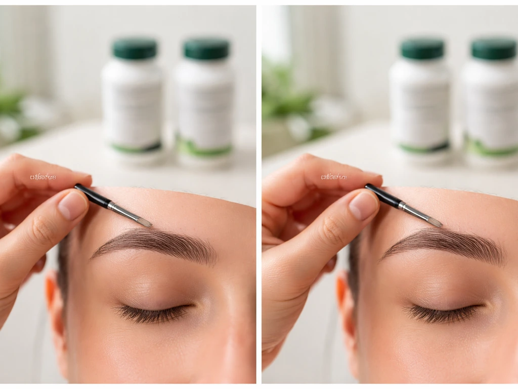 Minimal before-and-after style photo collage showing subtle brow change with biotin-like supplement bottles on a vanity.