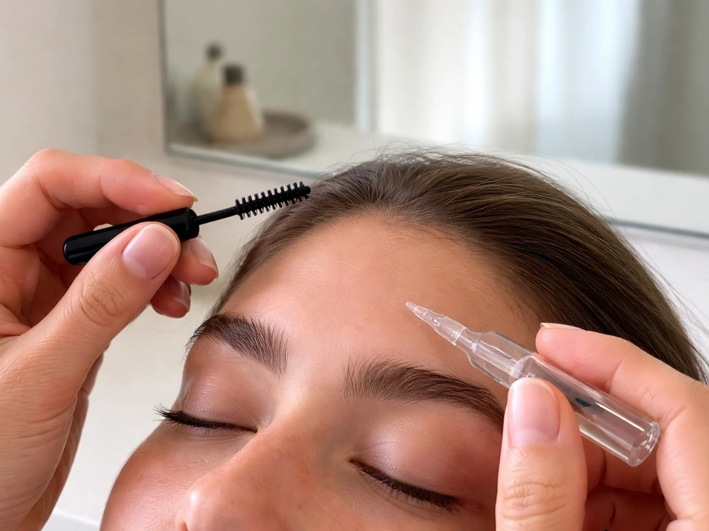 Anonymous hands gently brush and apply clear eyebrow serum at a simple bathroom vanity
