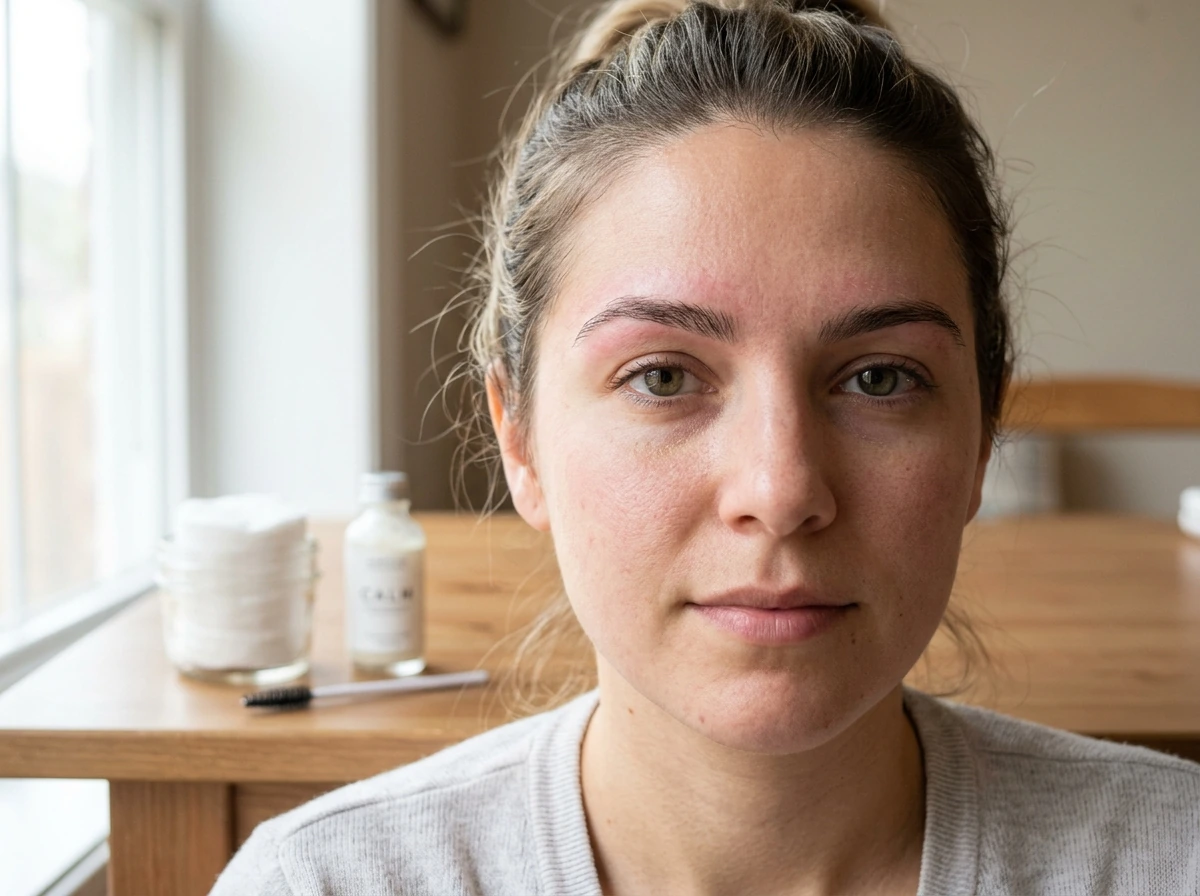 Eyebrow regrowth after threading—visible fine hairs and mild post-threading redness