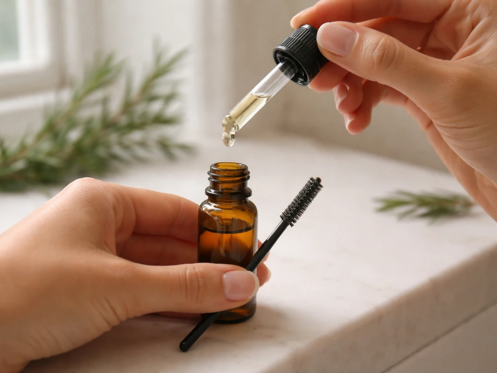 Hands preparing rosemary oil in a small applicator bottle for brow use on a clean vanity surface