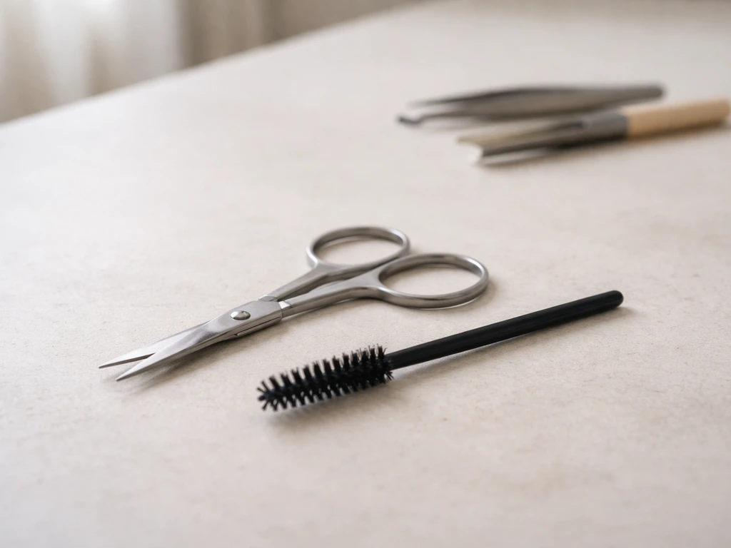 Small brow scissors and spoolie on a neutral surface, with tweezers/wax tools pushed aside to suggest stopping.
