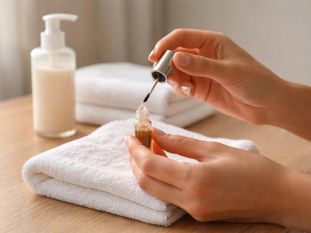 Close-up of hands applying peptide brow serum with towels and cleanser on a light wood counter