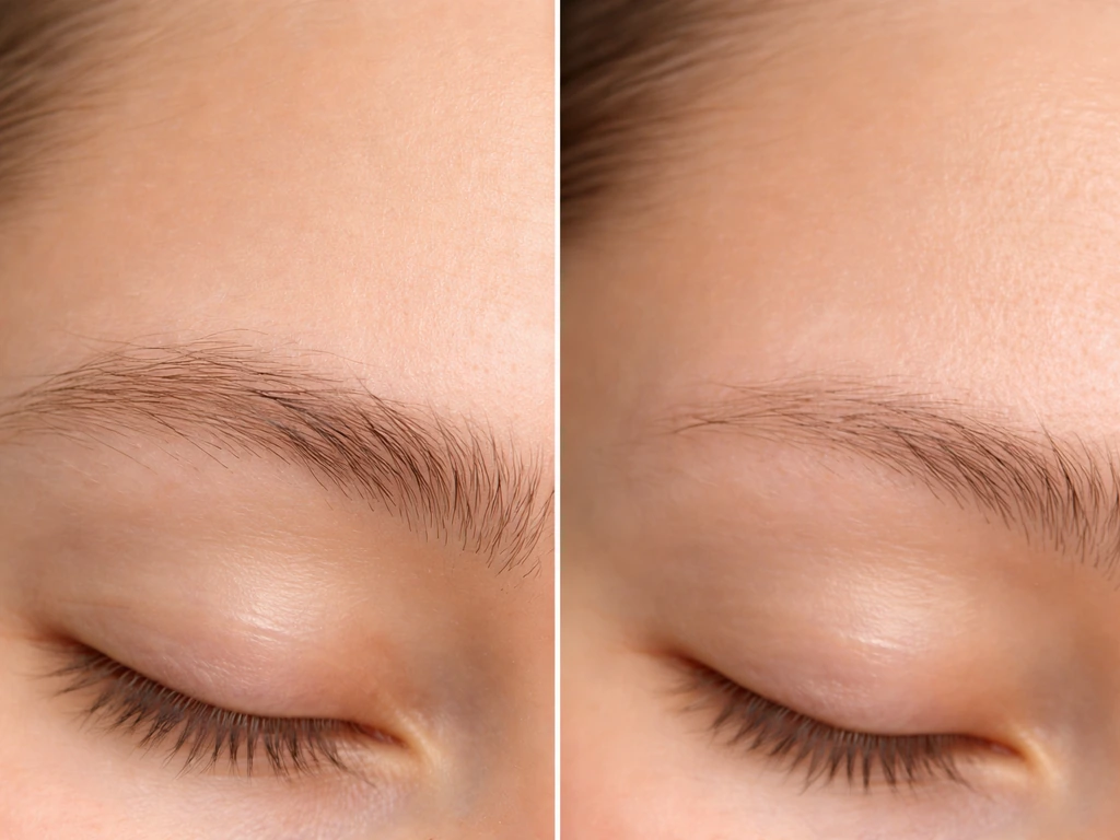 Close-up of anonymous eyebrow area showing healthy fine regrowth on one side and missing hairs on the other.