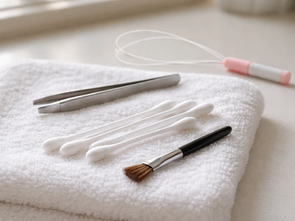 Tweezers and threading tool held away from brows with cotton swabs and a small eyebrow applicator on a towel.