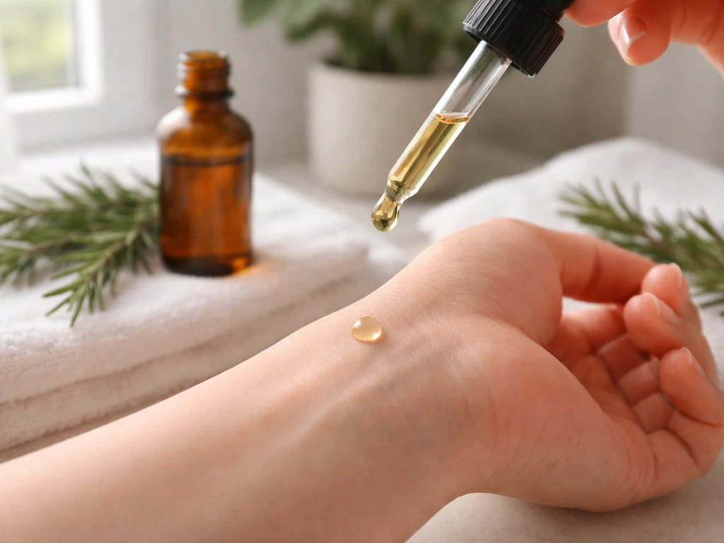 Dropper applying rosemary oil near an eye-safe skincare routine setup with fresh rosemary sprigs