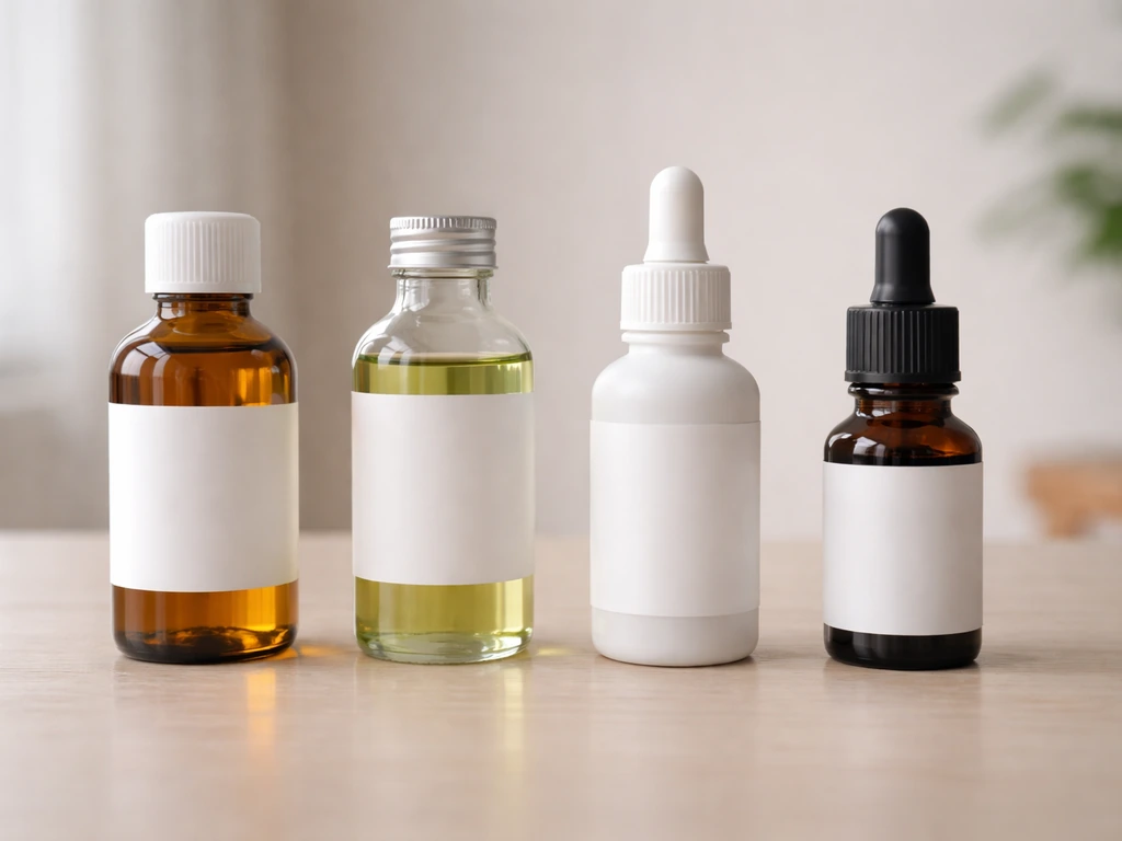Minimal tabletop scene with four distinct oil and prescription-style bottle options in soft natural light.