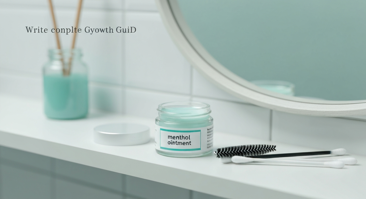 Close-up editorial image of a mentholated ointment jar beside an eyebrow spoolie and cotton swabs on a bathroom shelf, soft clinical lighting.