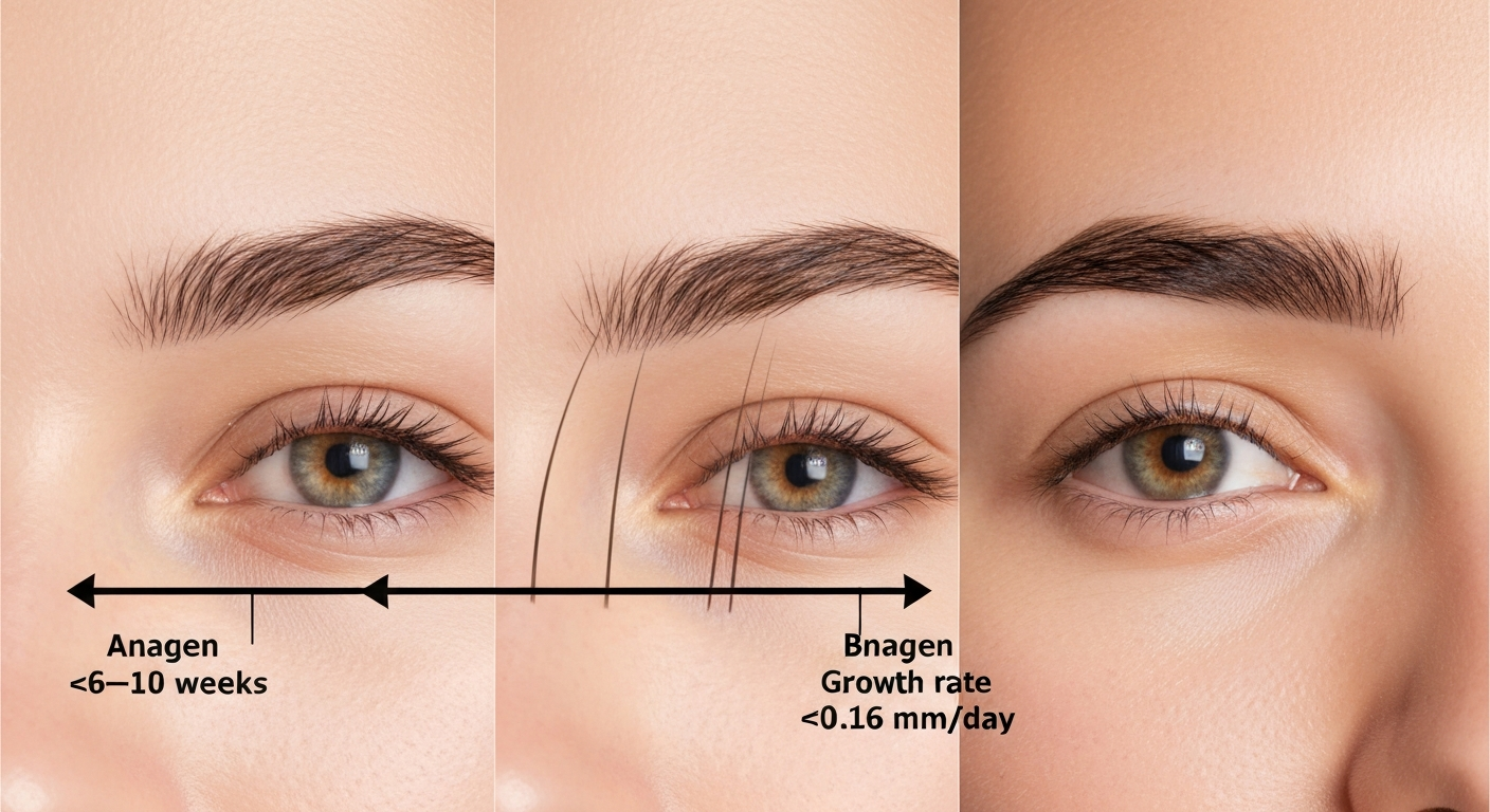 Close-up illustration of three eyebrow growth stages with labels showing short anagen phase and growth rate.