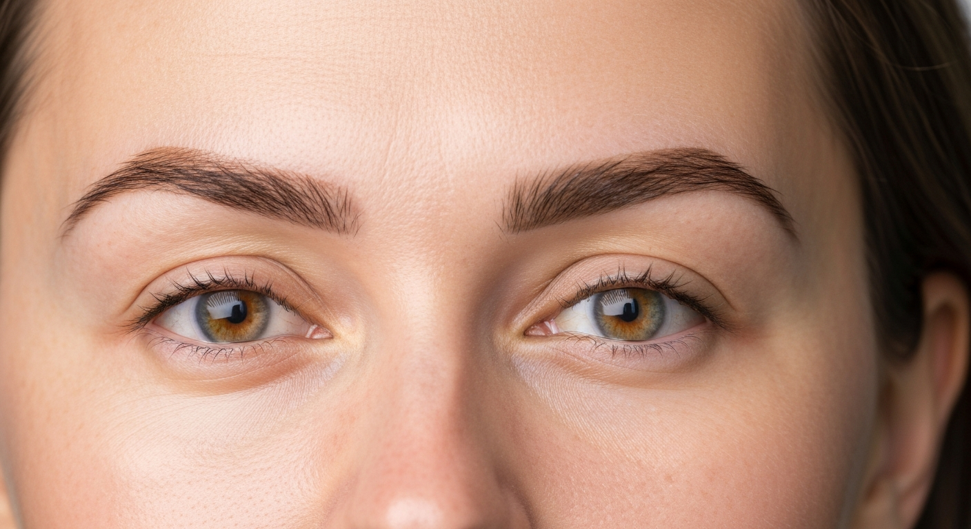 Close-up of a person's face showing one sparse eyebrow with fine regrowth hairs and one fuller eyebrow, illustrating eyebrow regrowth comparison.