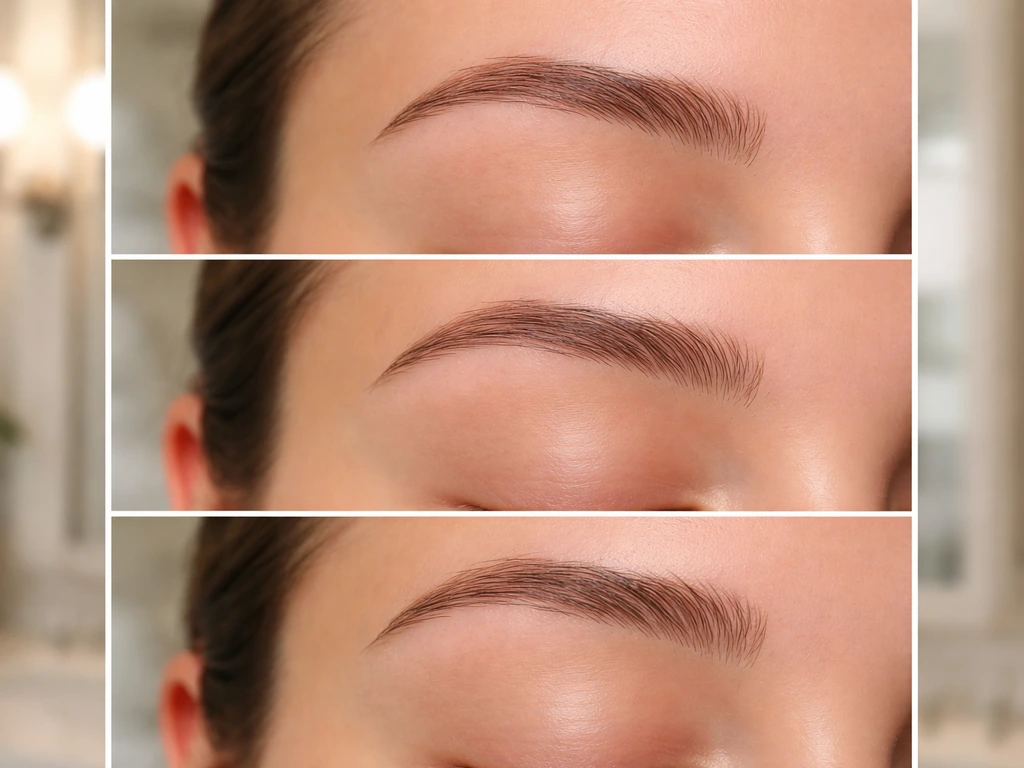 Close-up of an eyebrow showing three subtle regrowth stages after waxing in soft focus layers.