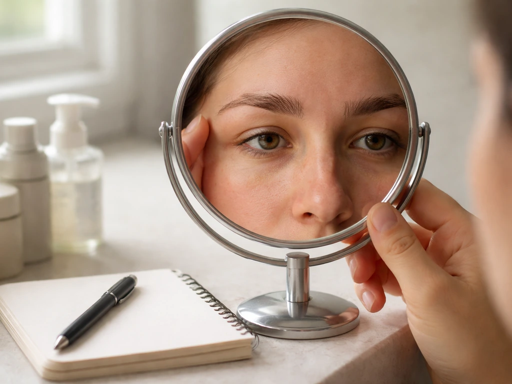 Close-up of a person’s brow area with a small cosmetic mirror and note card ready for a clinic visit