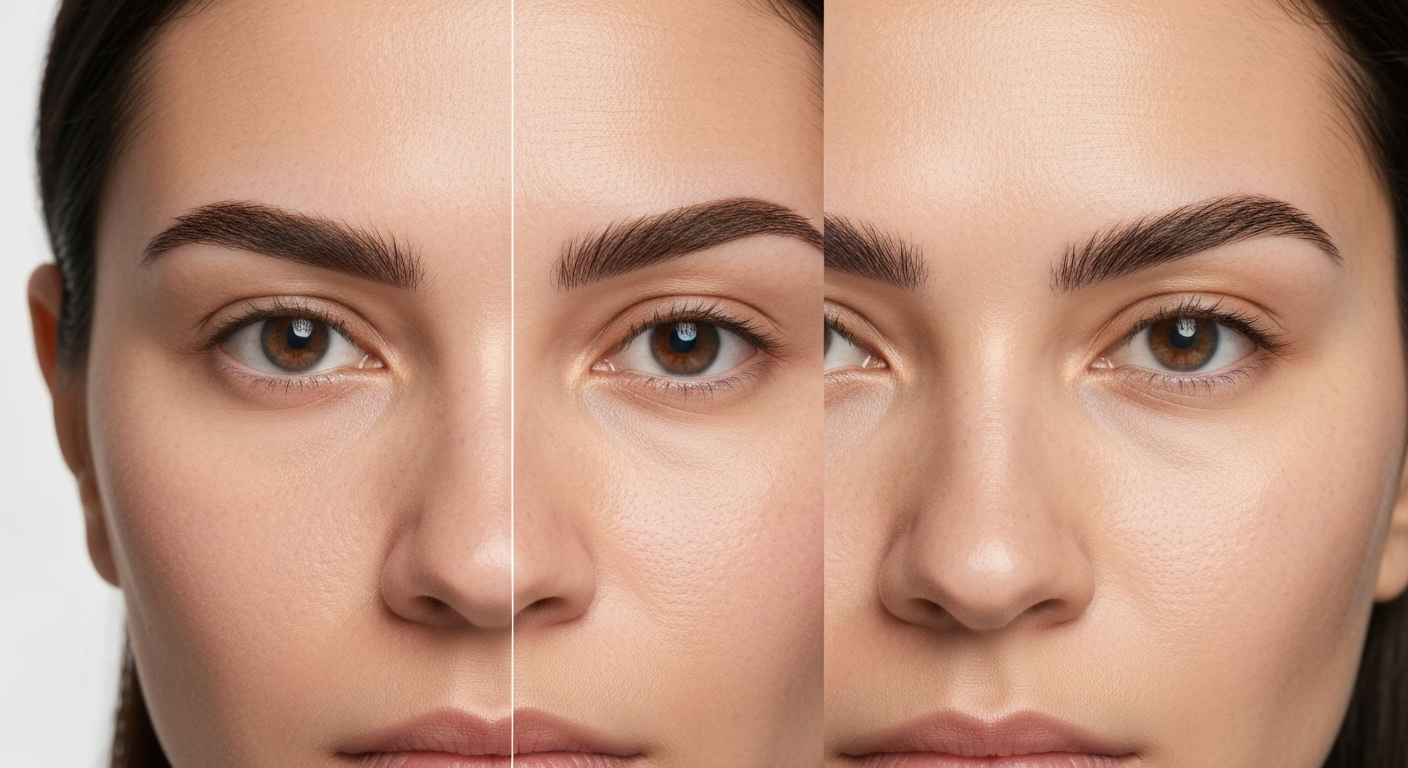 Close-up split before-and-after showing a flat eyebrow on one side and an uplifted, styled eyebrow on the other.