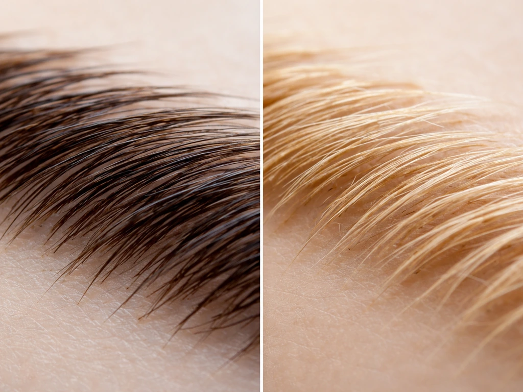 Macro close-up of brow hair strands showing darker healthy hairs next to lighter, frayed bleached hairs.