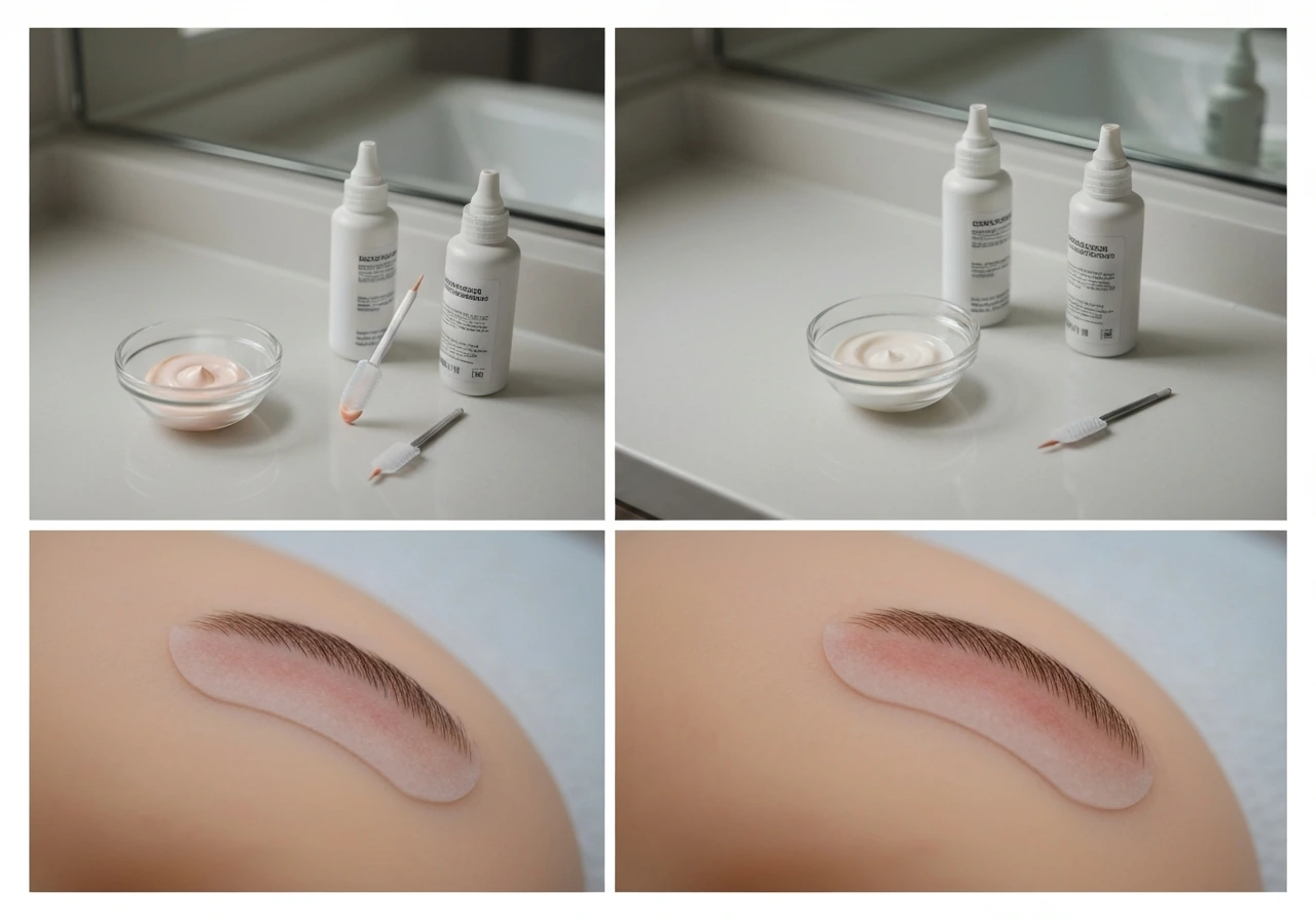 Minimal photo collage showing two brow-care scenarios: gentle formula vs stronger bleach/developer and a mild irritation