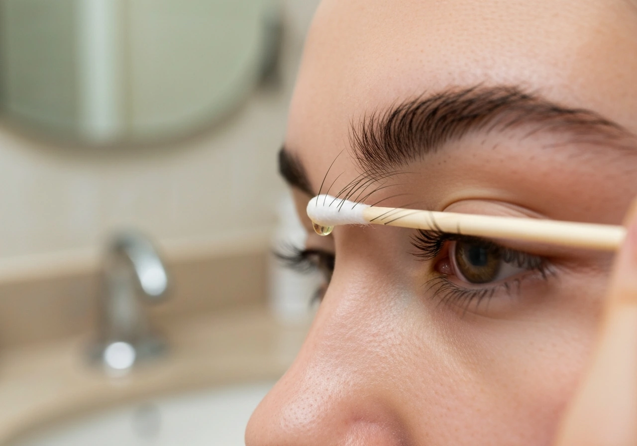 Close-up of castor oil applied to eyebrow hairs with a cotton swab/spoolie, small drop visible.