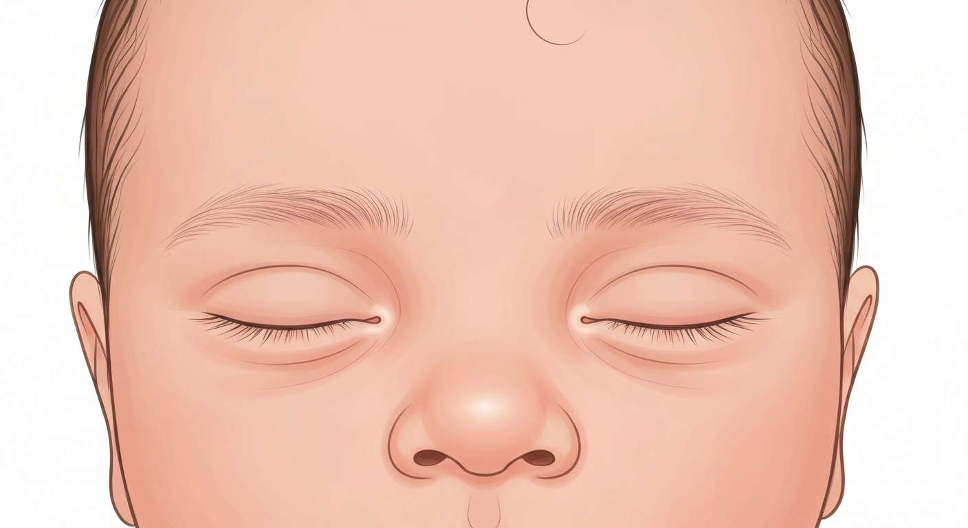 Illustrated close-up of a newborn's face with faint, sparse eyebrows and soft pastel background, conveying normal early eyebrow development.