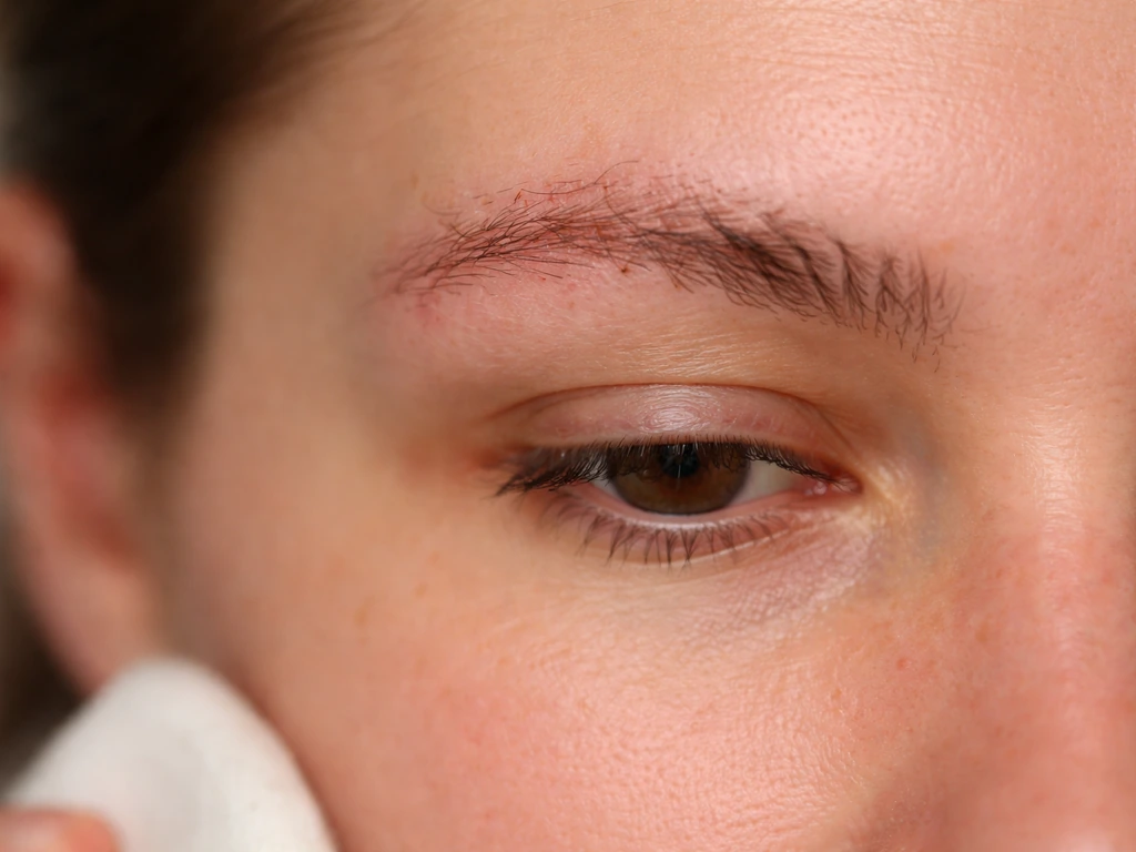 Close-up of irritated eyebrow with uneven regrowth hairs and mild redness, suggesting singed brows may recover.
