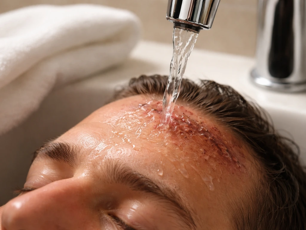 Person gently cooling a singed brow under cool running water, with a clean towel nearby