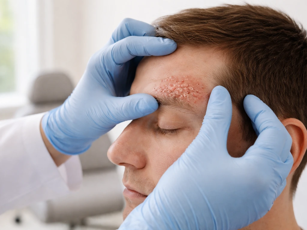 Clinician examining a patient’s inflamed brow area in a bright clinic room, showing broken skin and blistering.