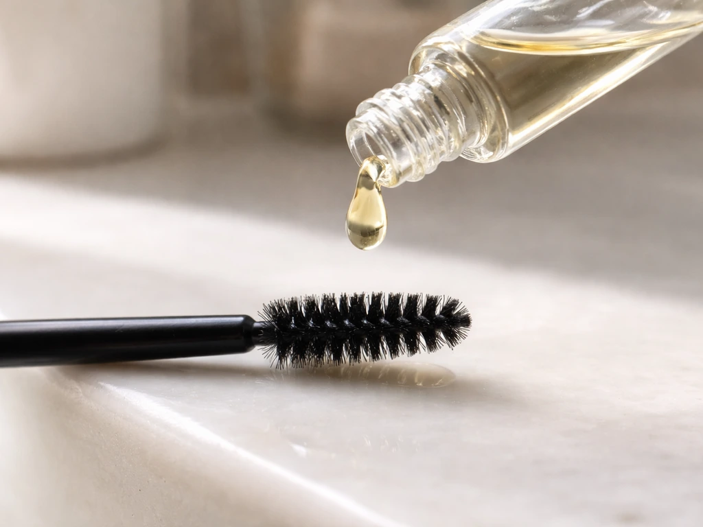 Close-up of castor oil dropper pouring one drop onto a brow spoolie brush on a bathroom counter.