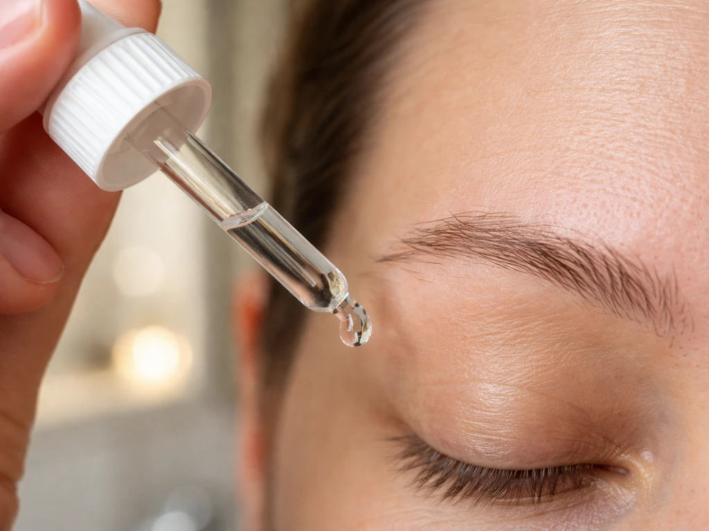 Dropper dispensing minoxidil onto sparse eyebrow area in a calm bathroom mirror setting